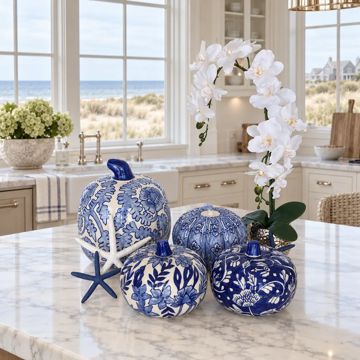 Blue and white chinoiserie pumpkins with coastal starfish accents.