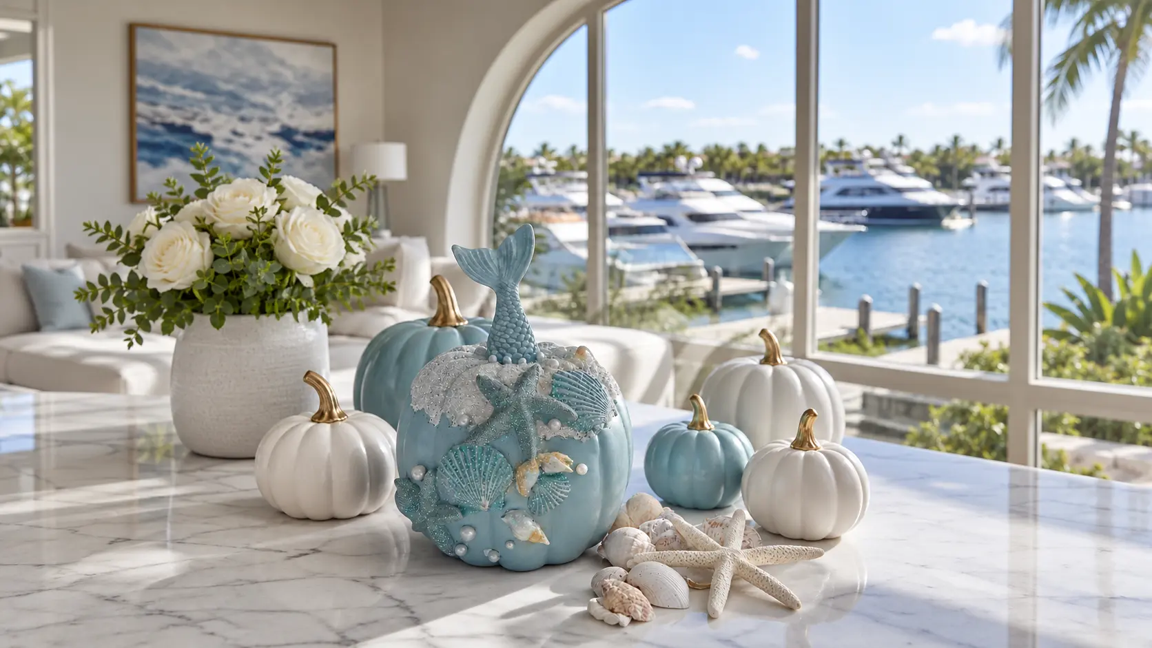 Aqua coastal pumpkin decorated with seashells and a mermaid tail topper in a bright coastal room